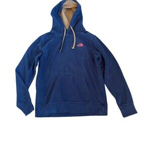 The North Face Hoodie Mens M Pullover Navy Blue Tan Lined Hood Graphic
